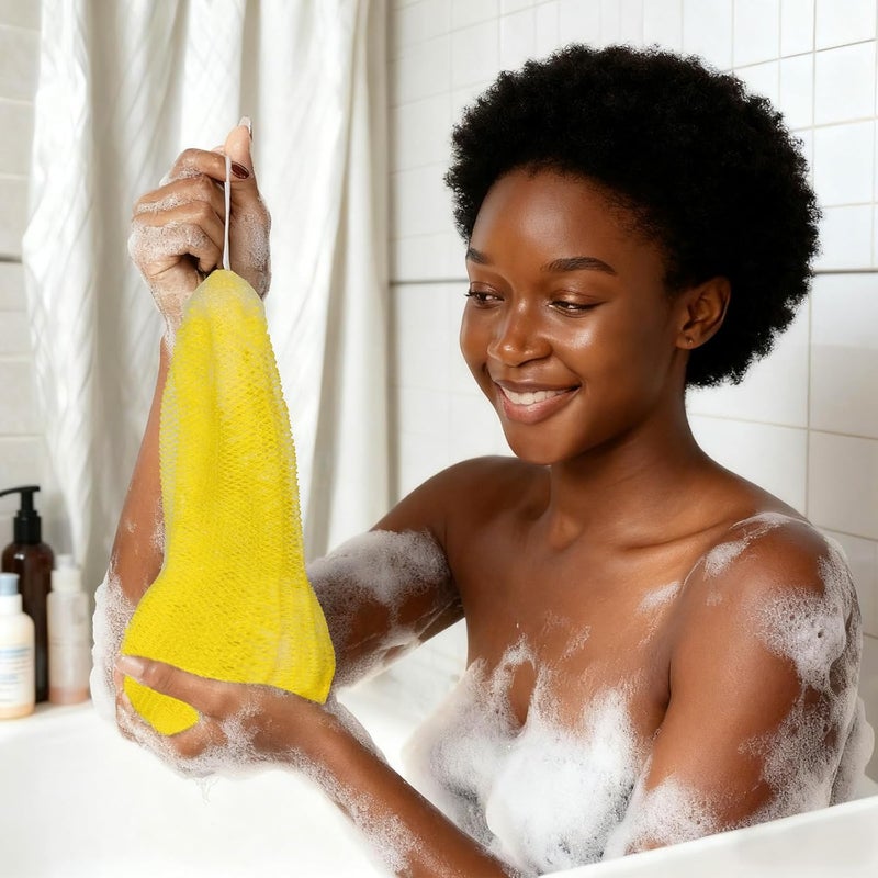 Bathway African Net Sponge Authentic with Handles (Set of 2), African Exfoliating Net Sponge, Exfoliating Body Scrubber Bath Sponge - Bathing Accessories with Storage Bag (Rose & Bright Yellow) - Image 5